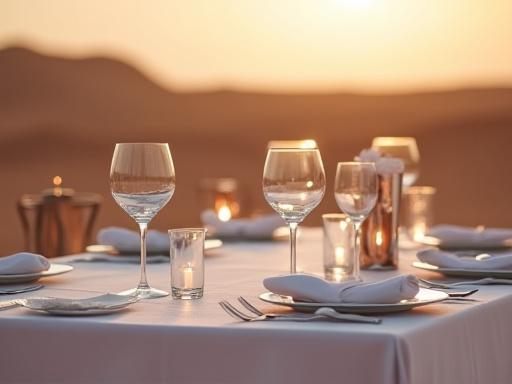 Una tavola elegantemente apparecchiata con argenteria e cristalli per una cena indimenticabile al centro del deserto.